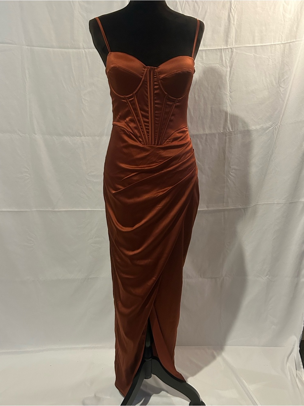 Windsor Satin Rust Corset Maxi Dress